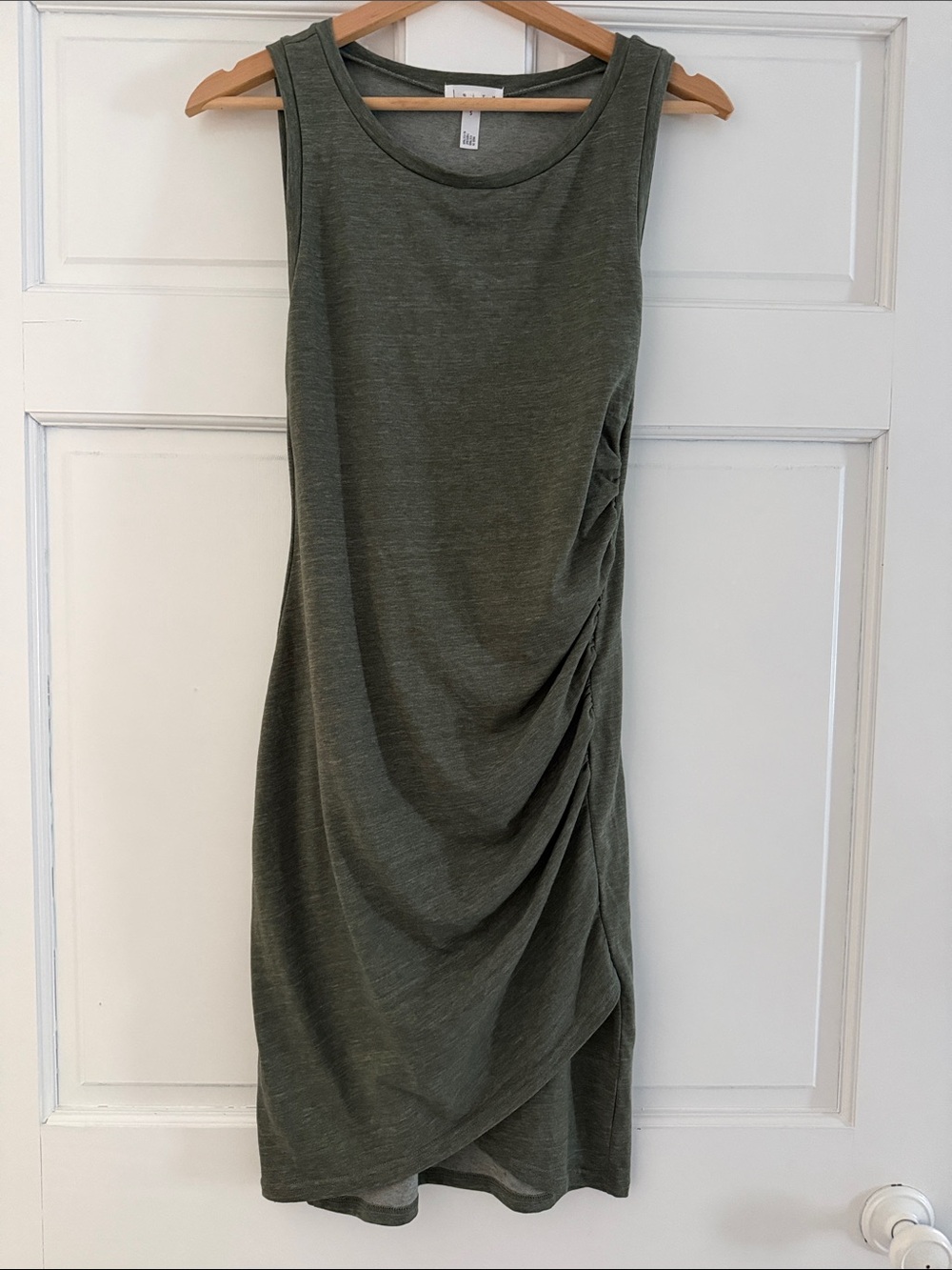 Leith Olive Green Sleeveless Midi Dress with Side Ruching